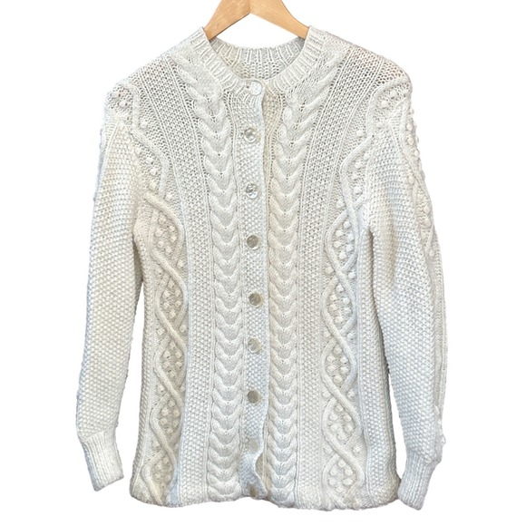Sweaters - Cream Cable Knit Button Up Cardigan Sweater Pearls Embellished womenswear